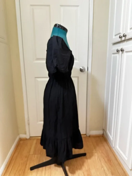 Dizzy Lizzy Sz M Lined Black Puff Sleeve Smocked Cotton Midi Dress w/ Ruffle Hem - Picture 2 of 8